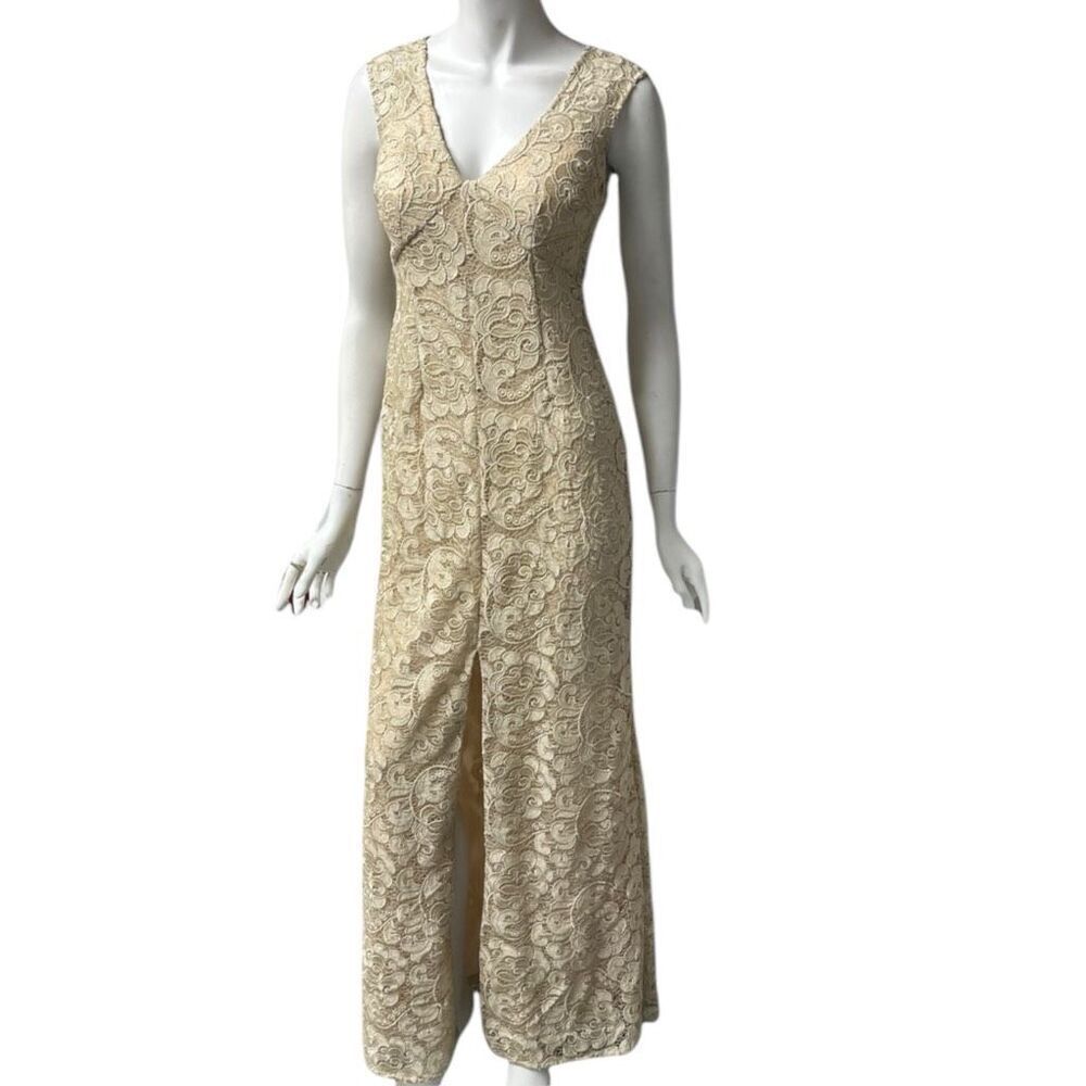 Aidan Mattox Gold Lace V Neck Front Slit Sleeveless Gown Sz 2 NWT MSPR $395